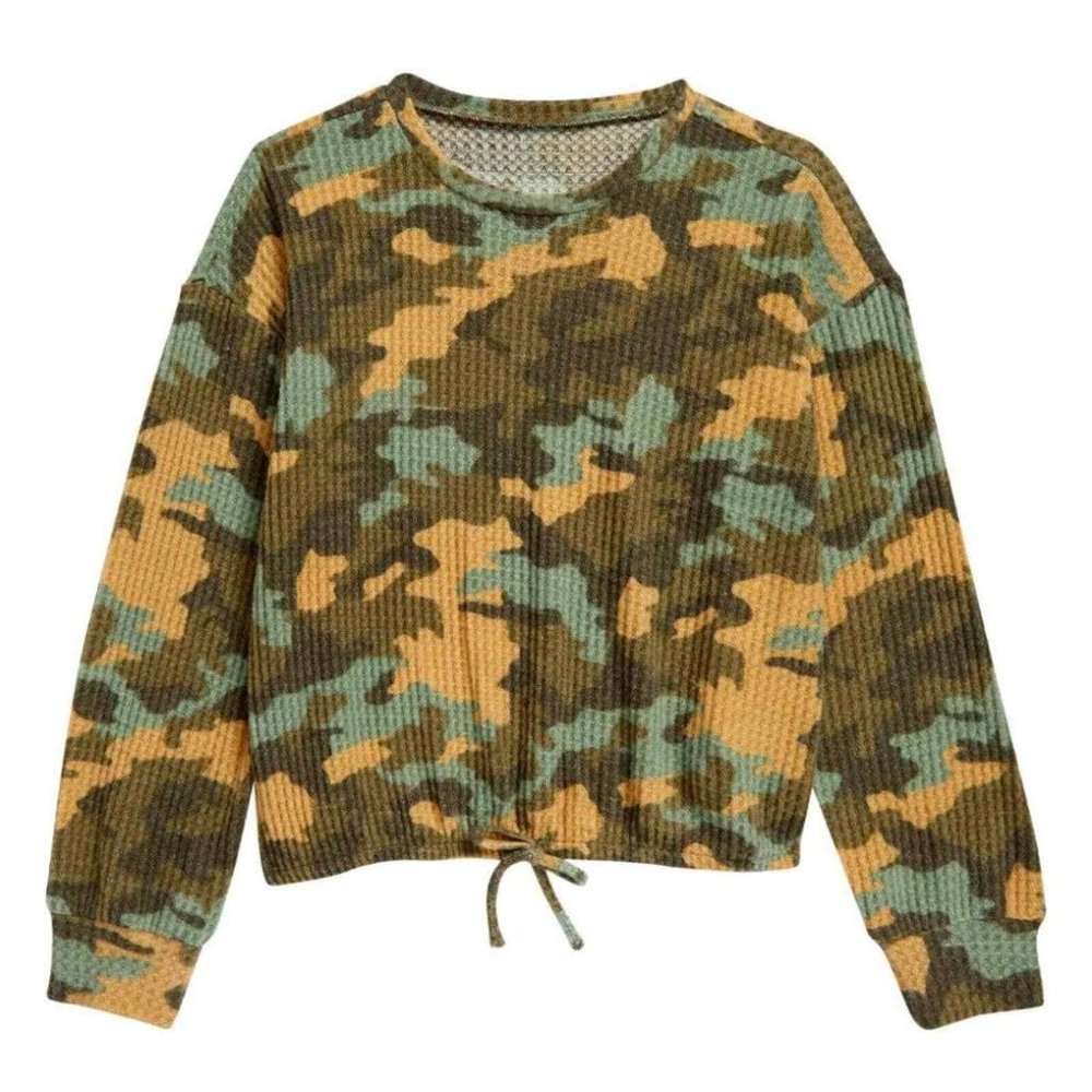 Nordstrom Kid's Girls' Cozy Waffle Knit Top Olive Sarma- Tan Camo XL(14/16) NWT